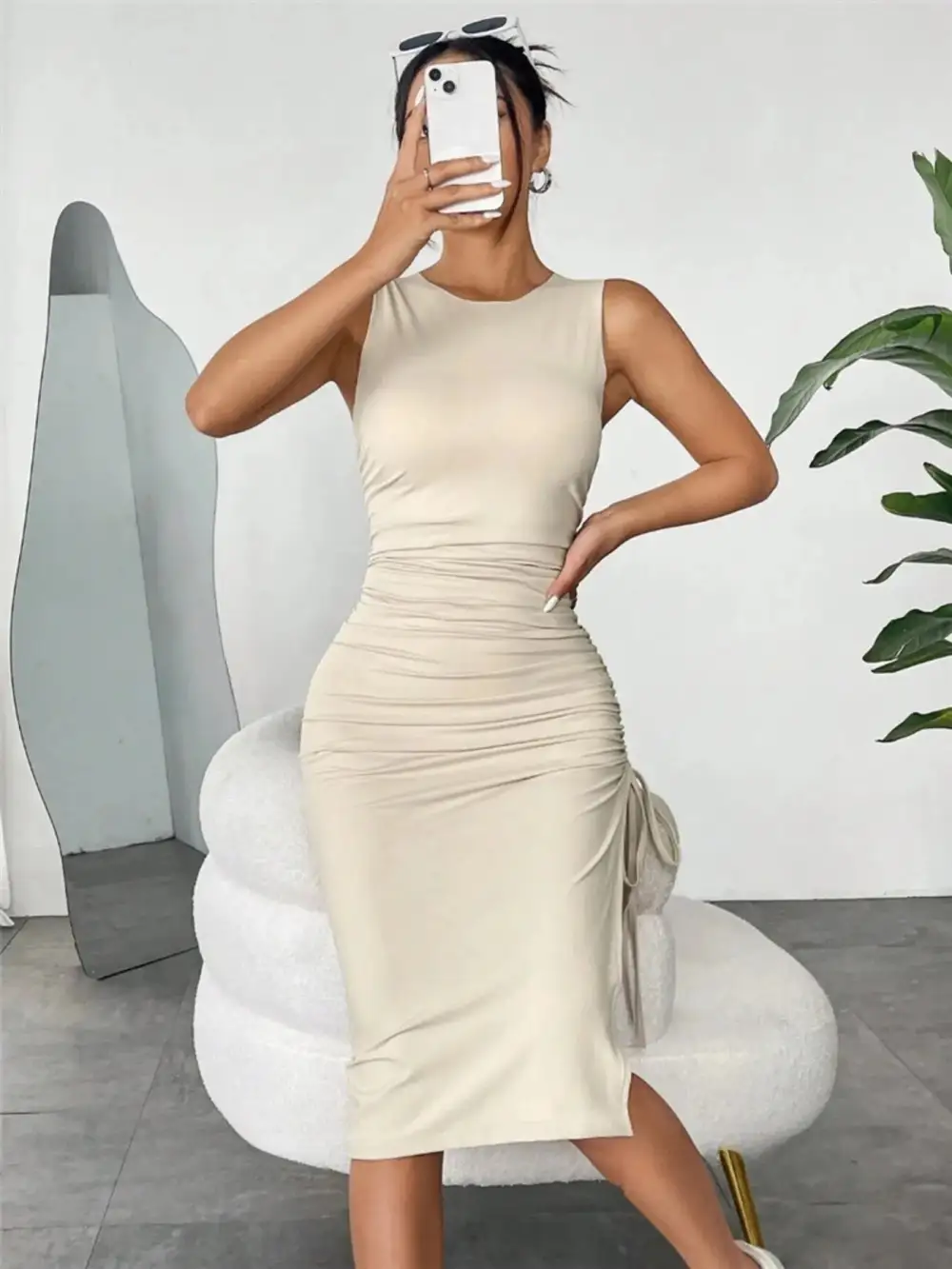 Drawstring Ruched Sleeveless Midi Dress