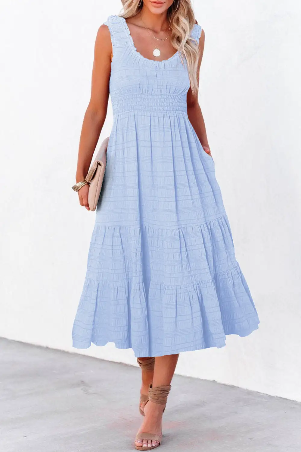 Soft Touch Square Neck Pleated Sleeveless Midi Dress