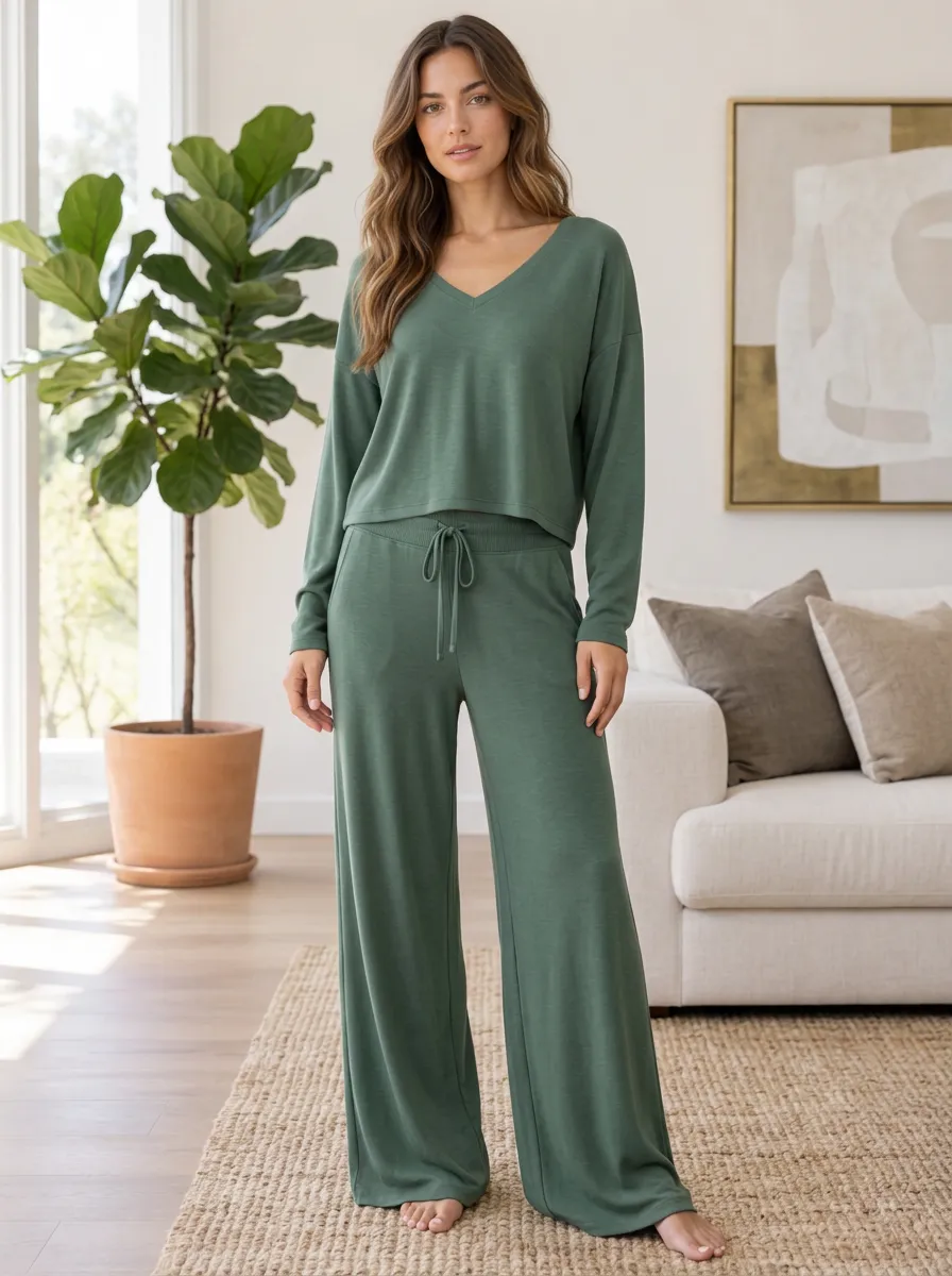 Women's V-Neck Easy Wear Lounge Wide Leg Lounge Co-Ord
