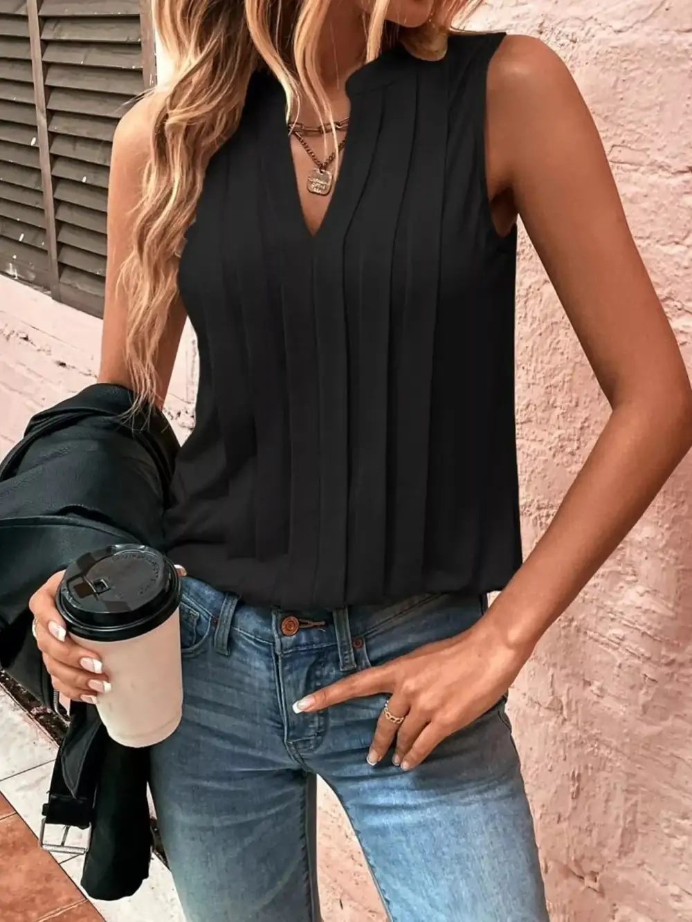 Sleeveless Pleated Notched Tank
