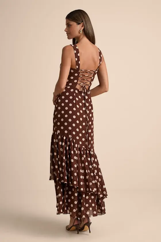 Raynelle Light Green Polka Dot Lace-Up Tiered Maxi Dress
