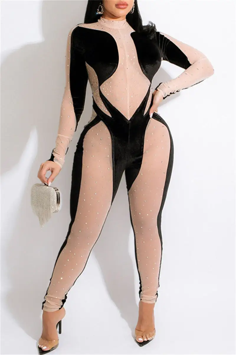 Fashion Sexy Patchwork Hot Drilling See-through Half A Turtleneck Skinny Jumpsuits