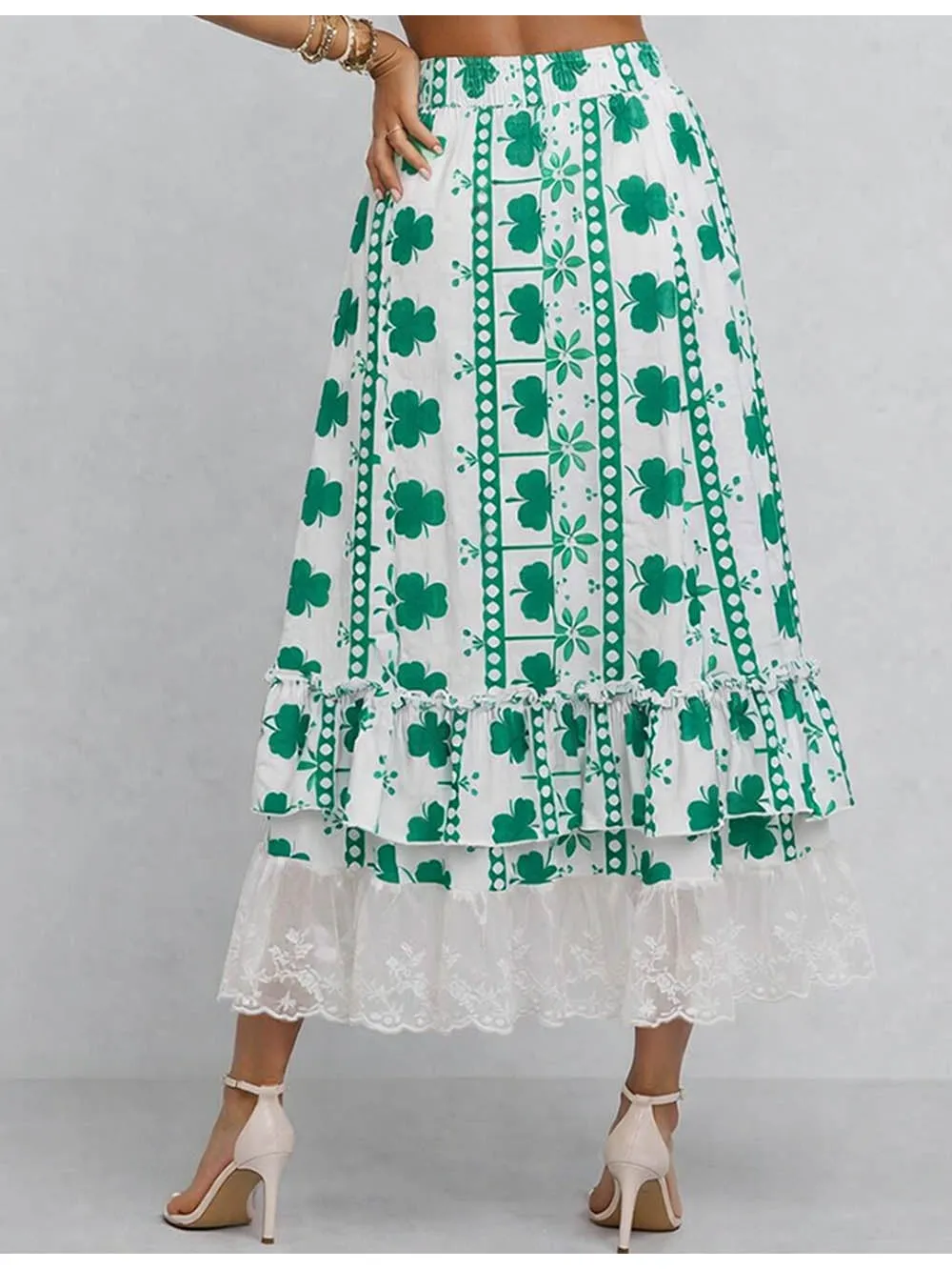 St Patrick Day Clover Ruffle Lace Hem Maxi Skirt