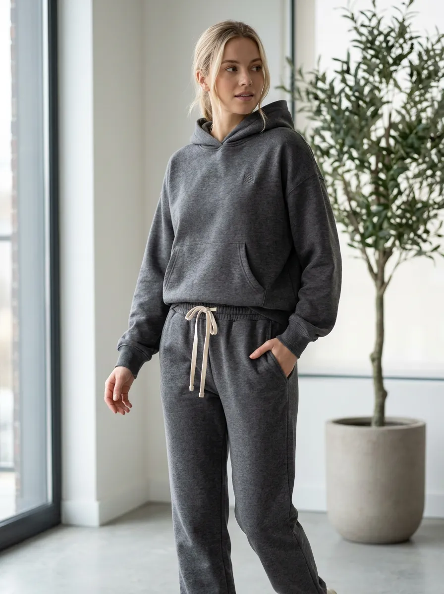 Women's Minimalist Charcoal Grey Solid Printed Hoodie Jogger Set