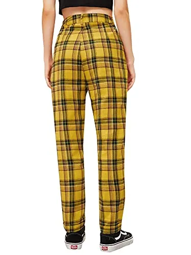 Women's Tartan Plaid Mid Waist Straight Pants
