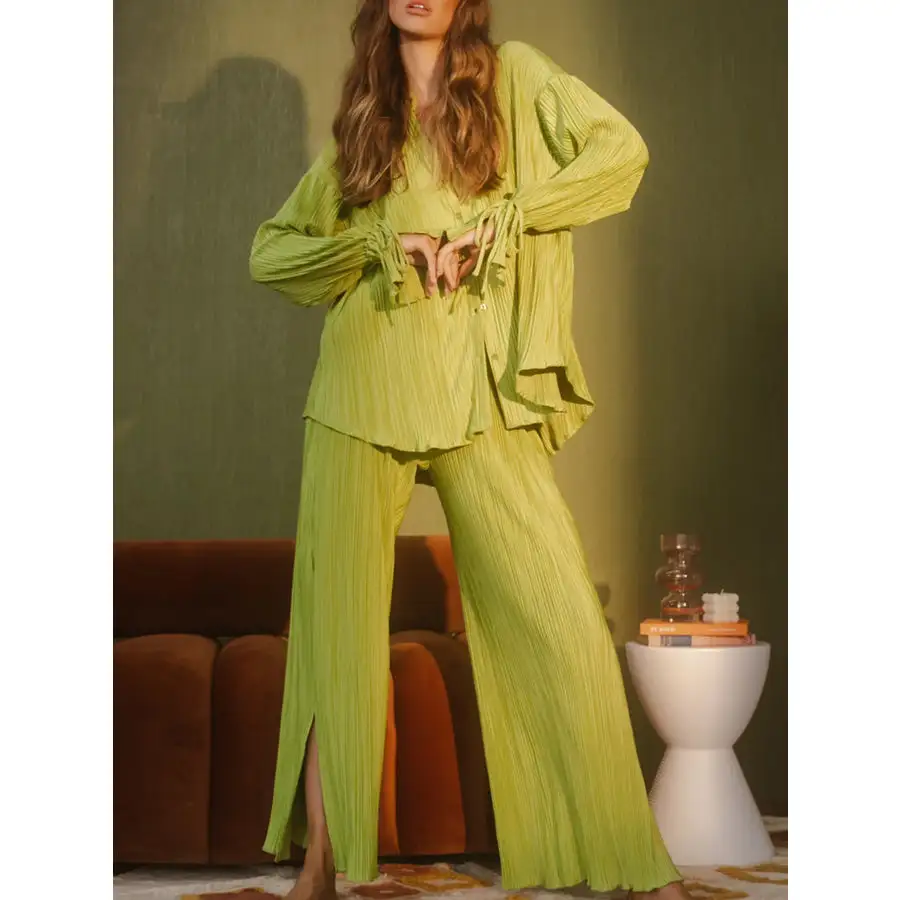 Button Up Long Sleeve Top and Pants Set
