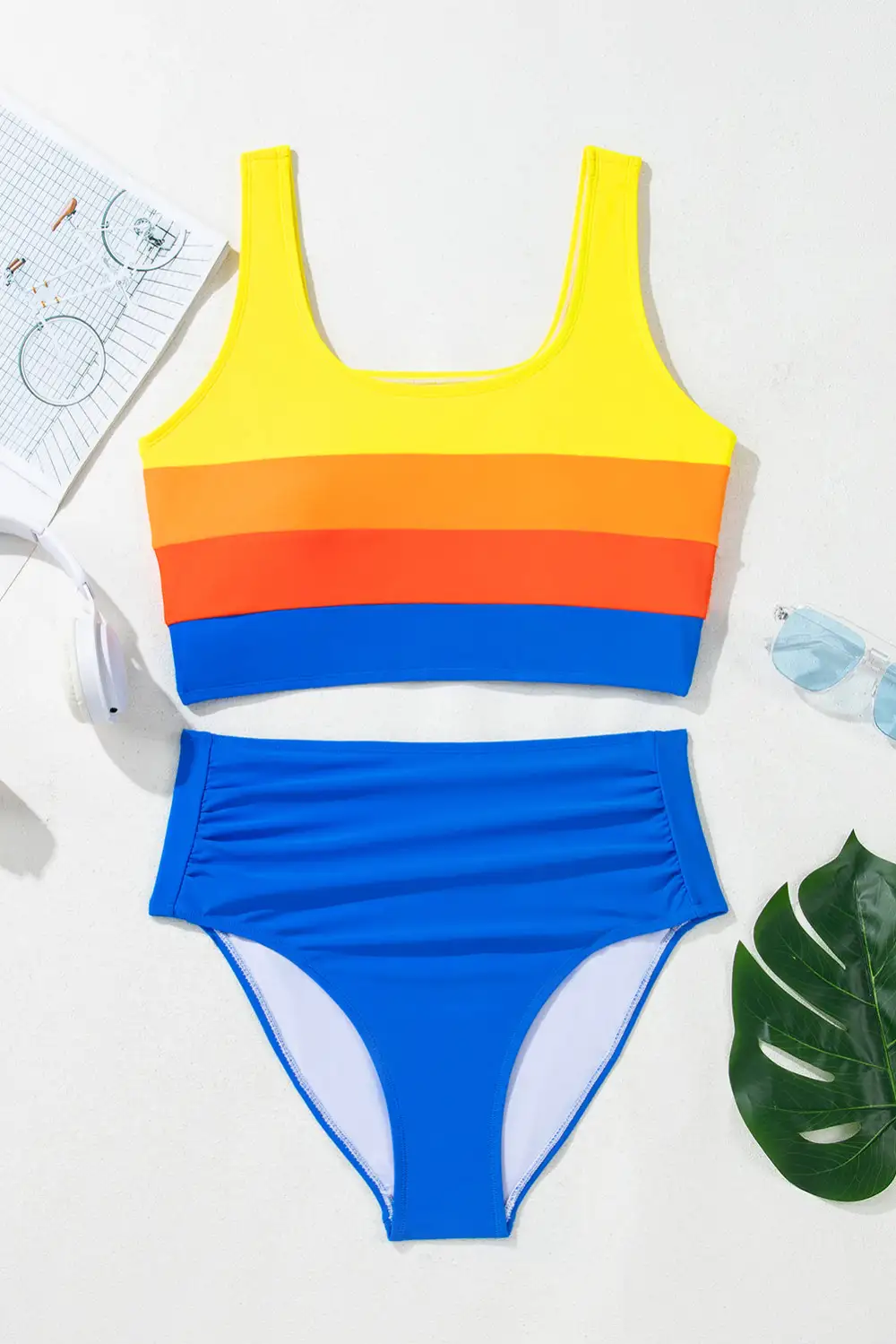 Blocked Pattern Square Neck Top Bikini Swim Set