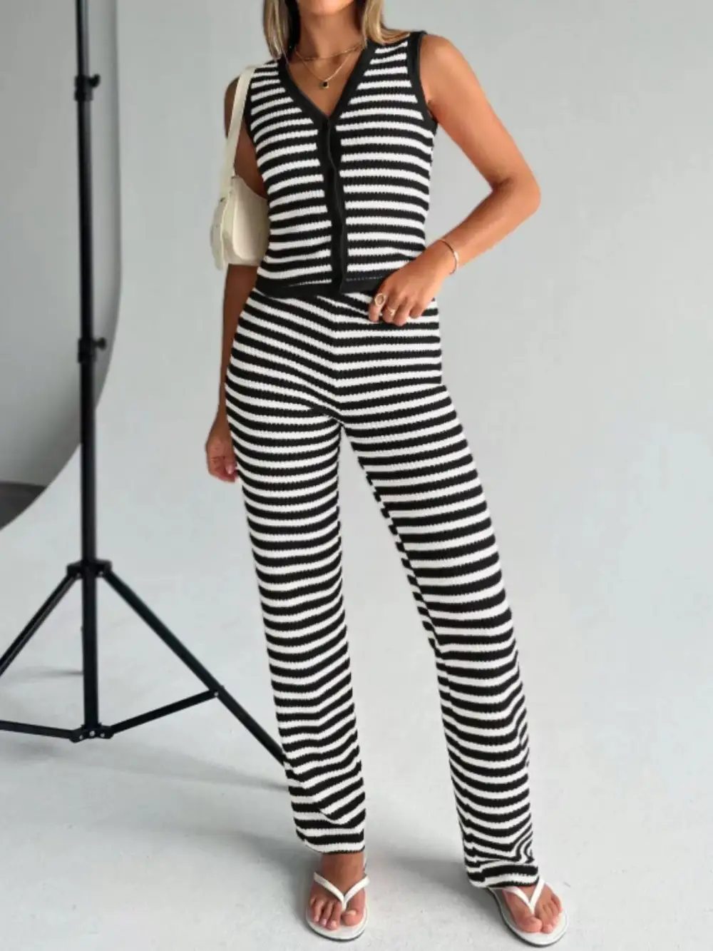 Striped Knit V Neck Button Up Sleeveless Top and Flare Pants Set