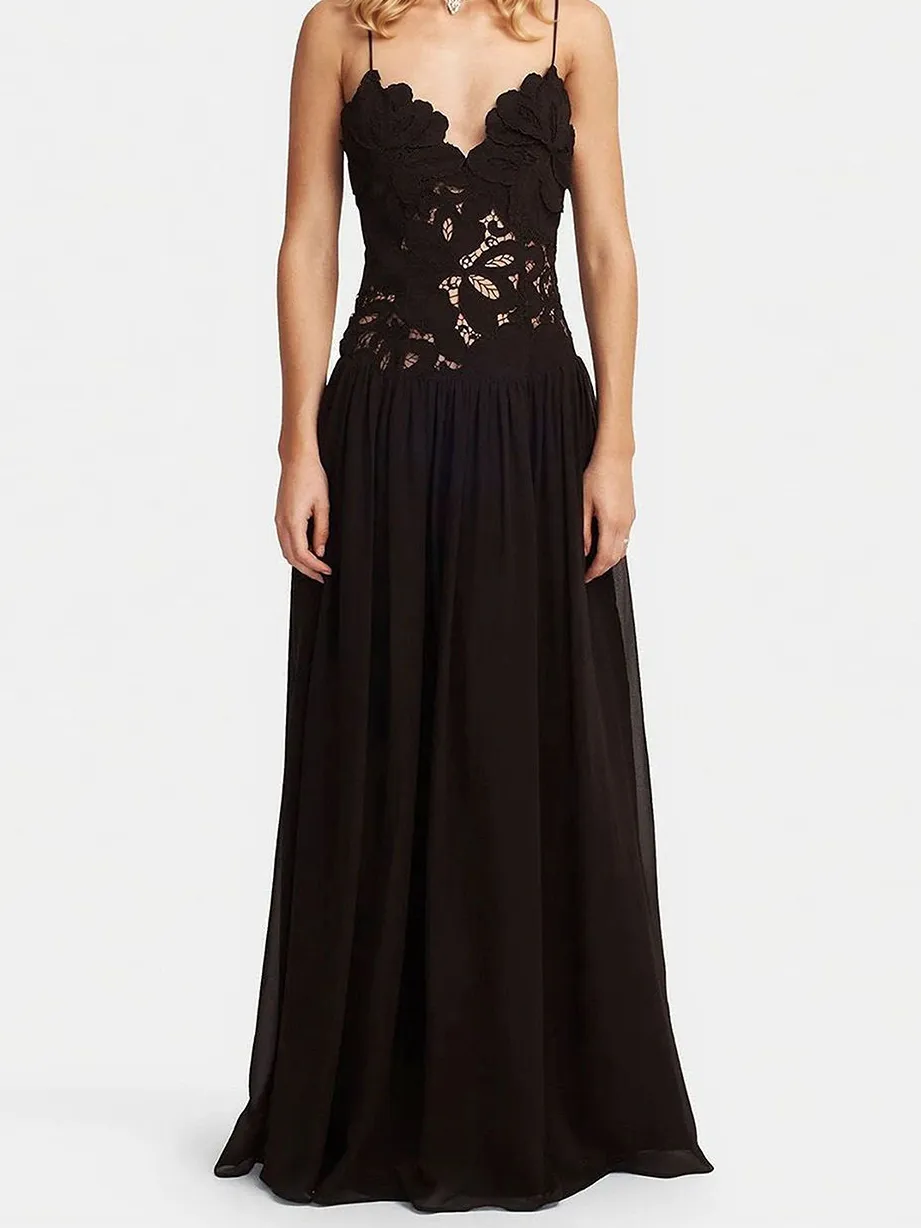 Lace Spaghetti Strap Floral Maxi Dress