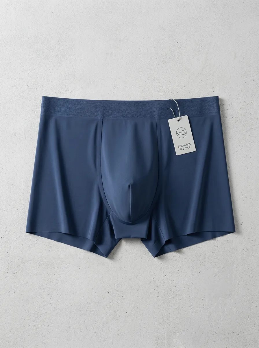 Men's Seamless Ice Silk Solid Blue Boxer Briefs