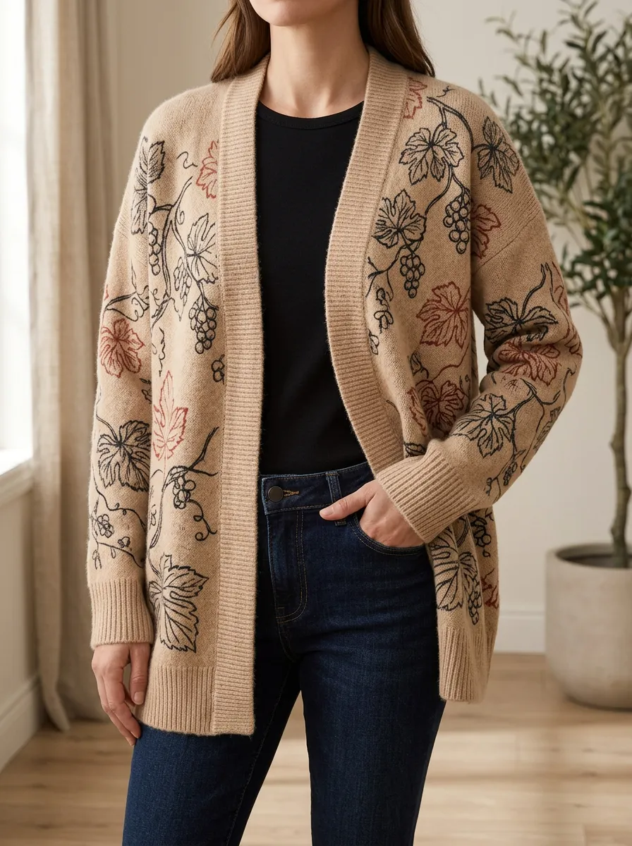 Women's Autumn Nature Lover Grapevine Leaf Printed Cardigan