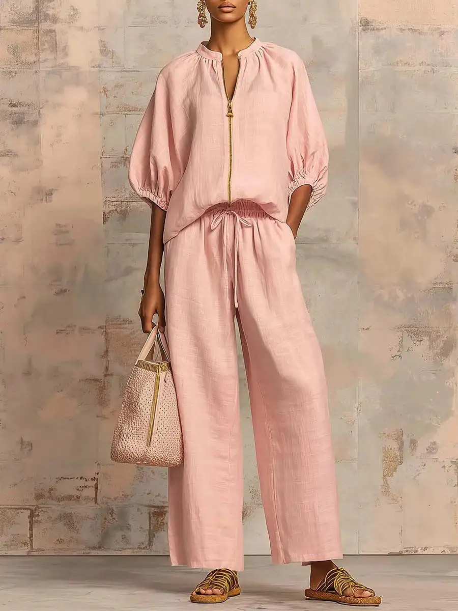 Half Sleeve Relaxed Drawstring Blouse And Pants Set