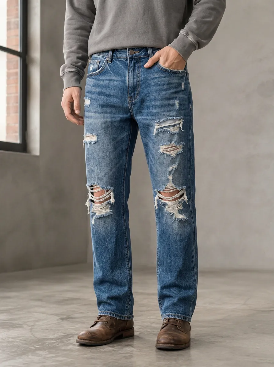 Men's Wash Frayed Ripped Jeans