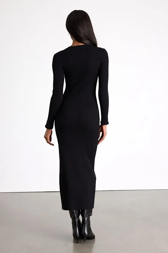Refined Attitude Black Ribbed Side Button Midi Sweater Dress