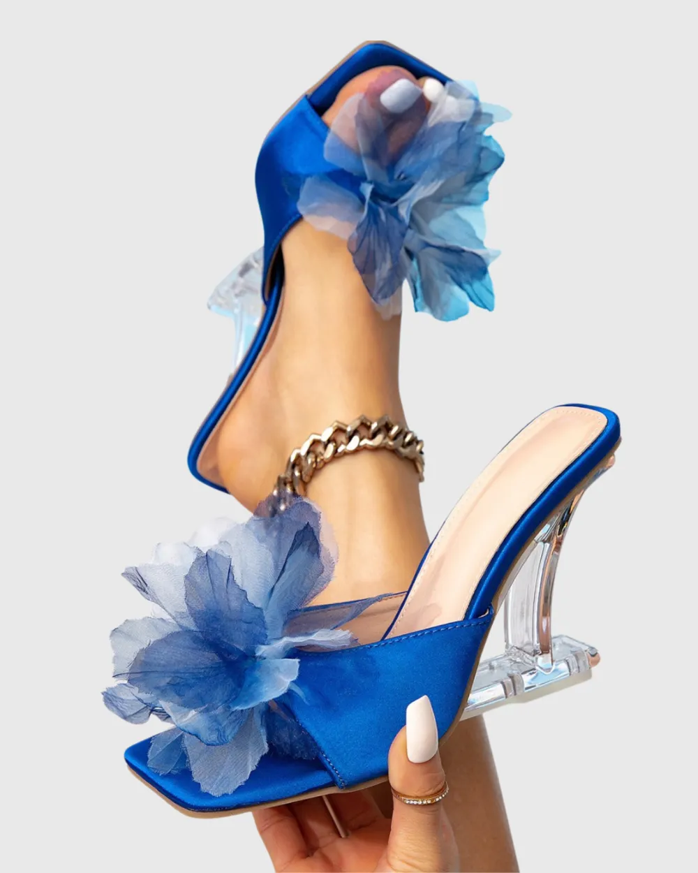 Mesh Flower Satin Mules in Royal Blue