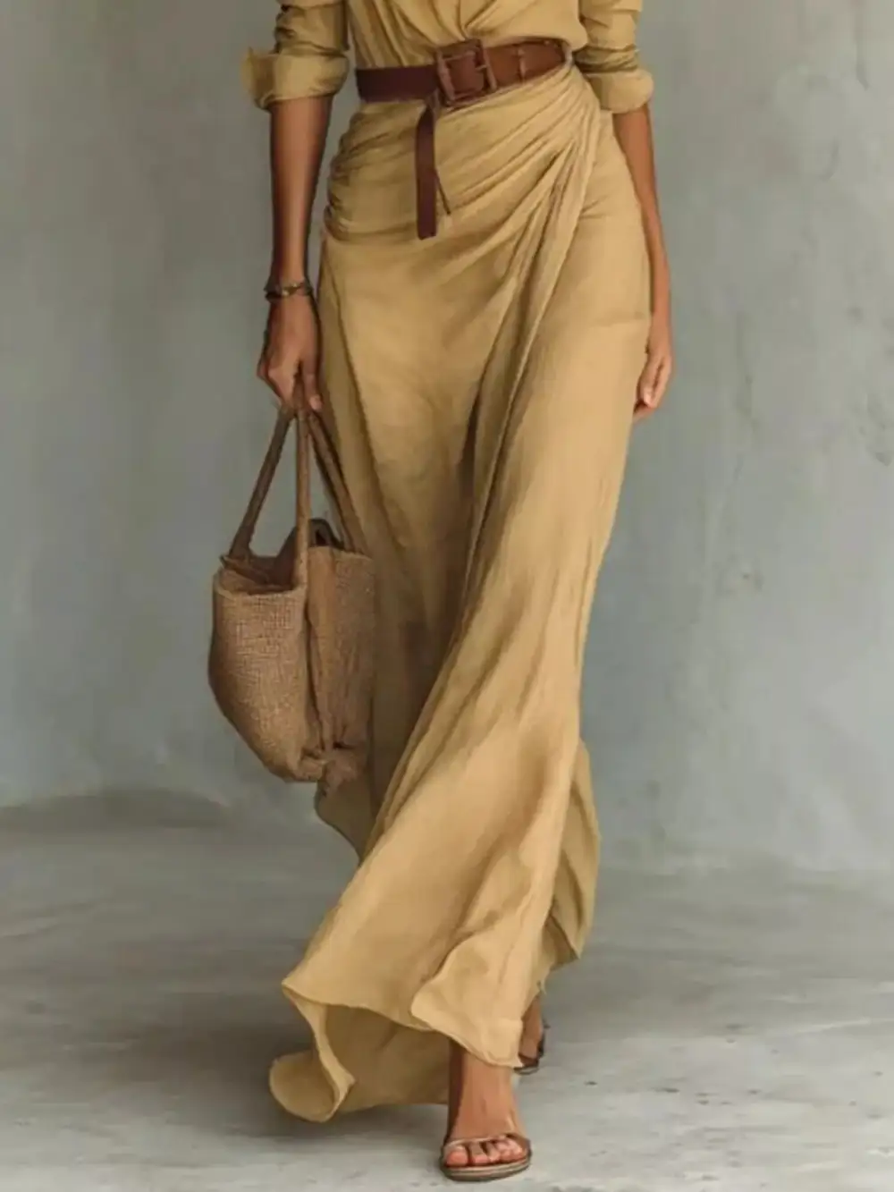 Gathered Detail Ruched Long Sleeve Maxi Dress