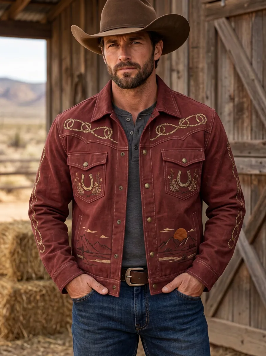 Men's Western Cowboy Horseshoe Horse Desert Landscape Jacket