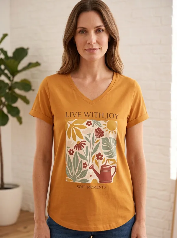 Women's Live With Joy Floral Watering Can Print V-Neck T-Shirt
