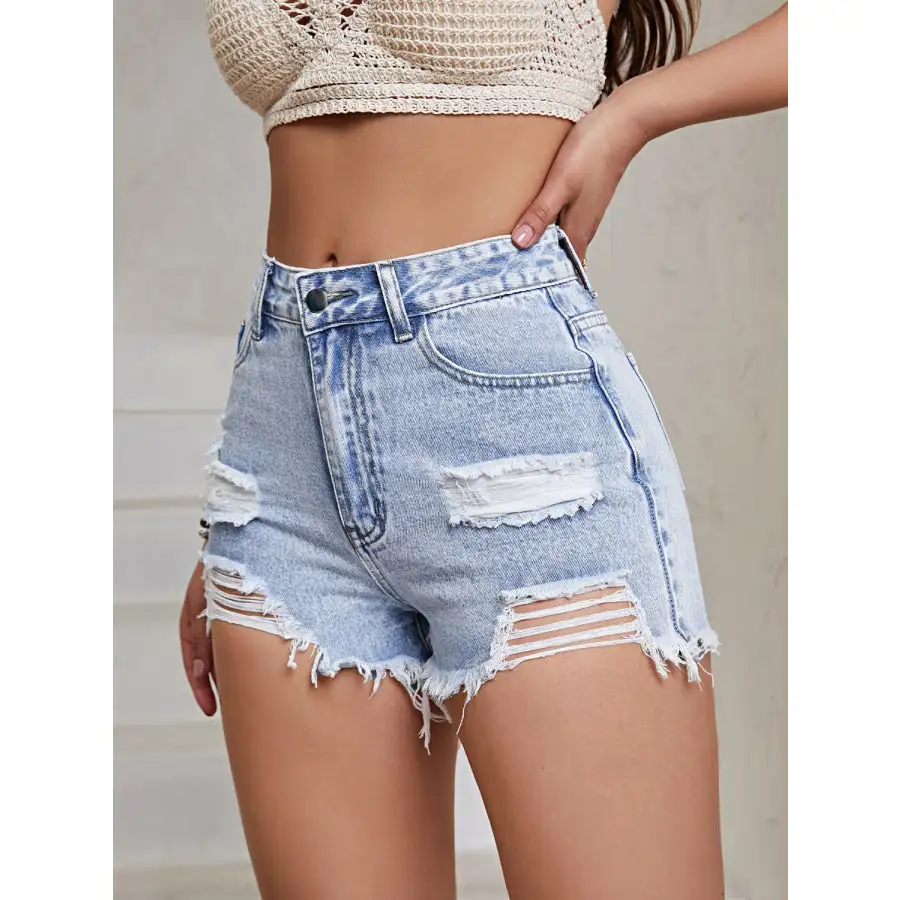 Distressed Raw Hem High Waist Denim Shorts