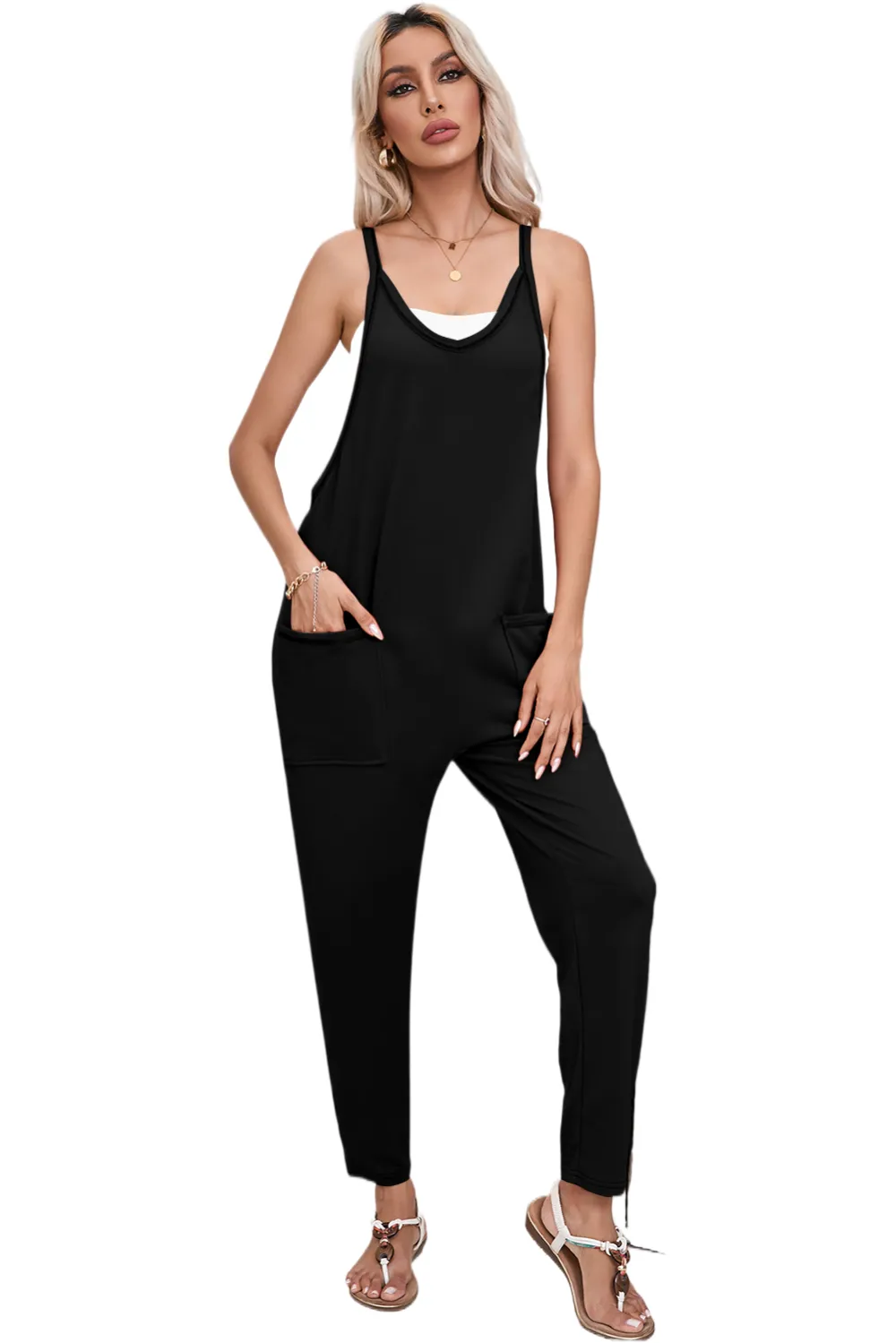Side Pockets Harem Sleeveless V Neck Pants
