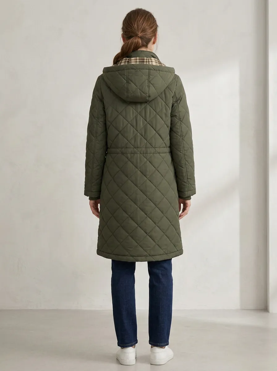 Urban Plaid-Lined Quilted Long Hooded Coat