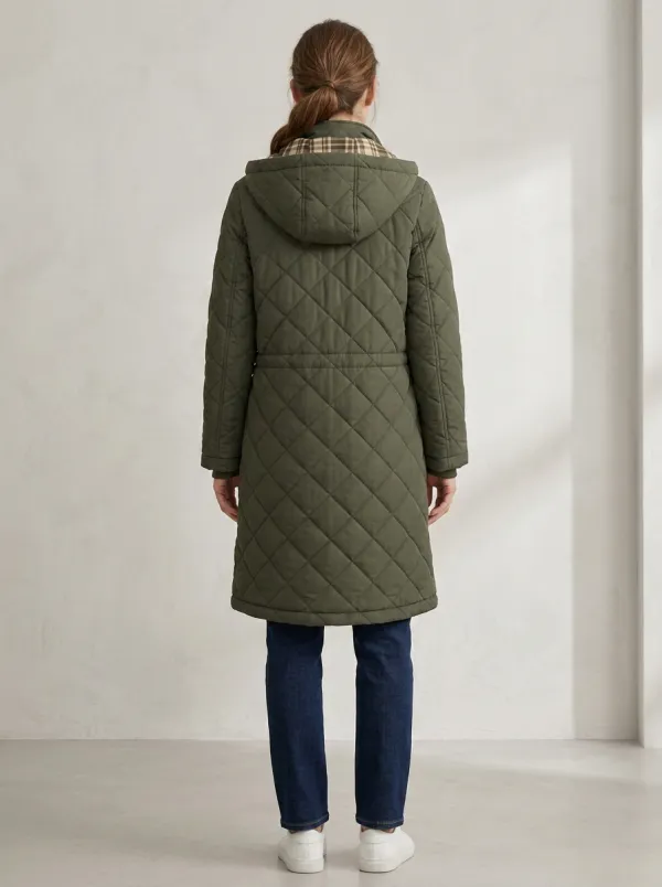 Urban Plaid-Lined Quilted Long Hooded Coat