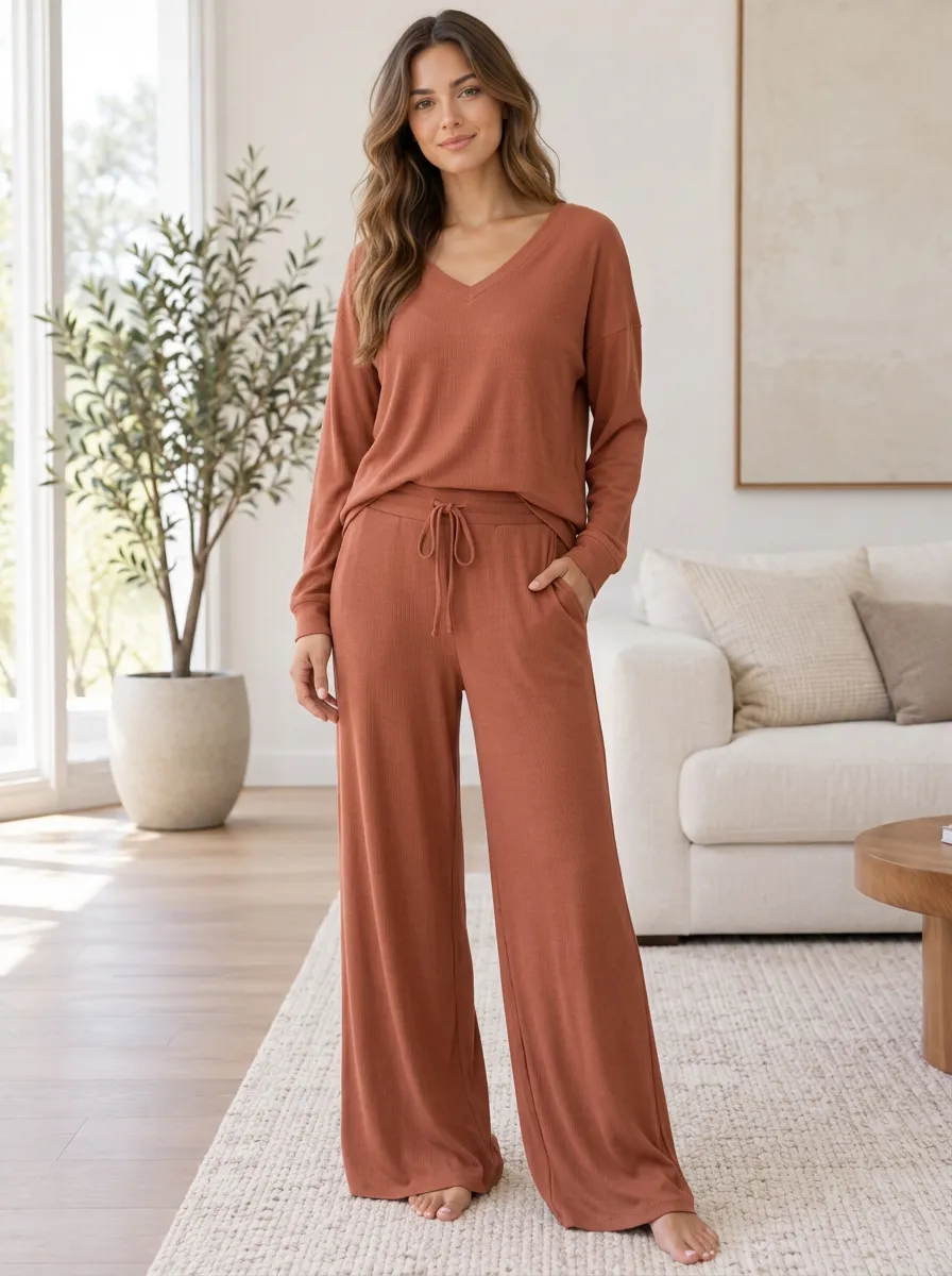 Women's Ribbed Leisure Ready Wide Leg Relaxed Set
