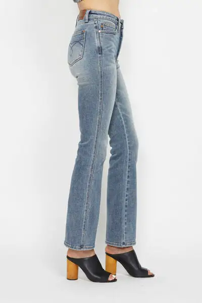 Tummy Control Back Embroidered Pocket Bootcut Denim Jeans