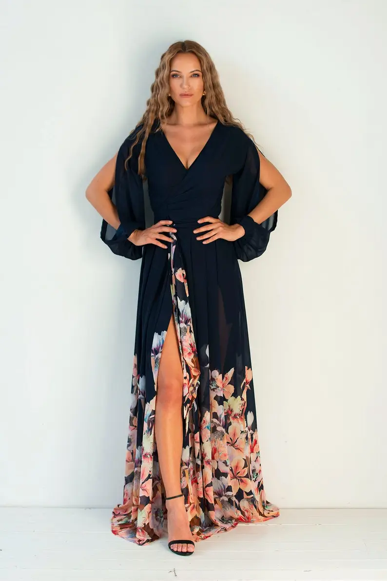 Floral Wrap-over Dress FLORENCE - Long Wedding Guest Dress - Blue Dress For Womne - Chiffon Bridesmaid Dress
