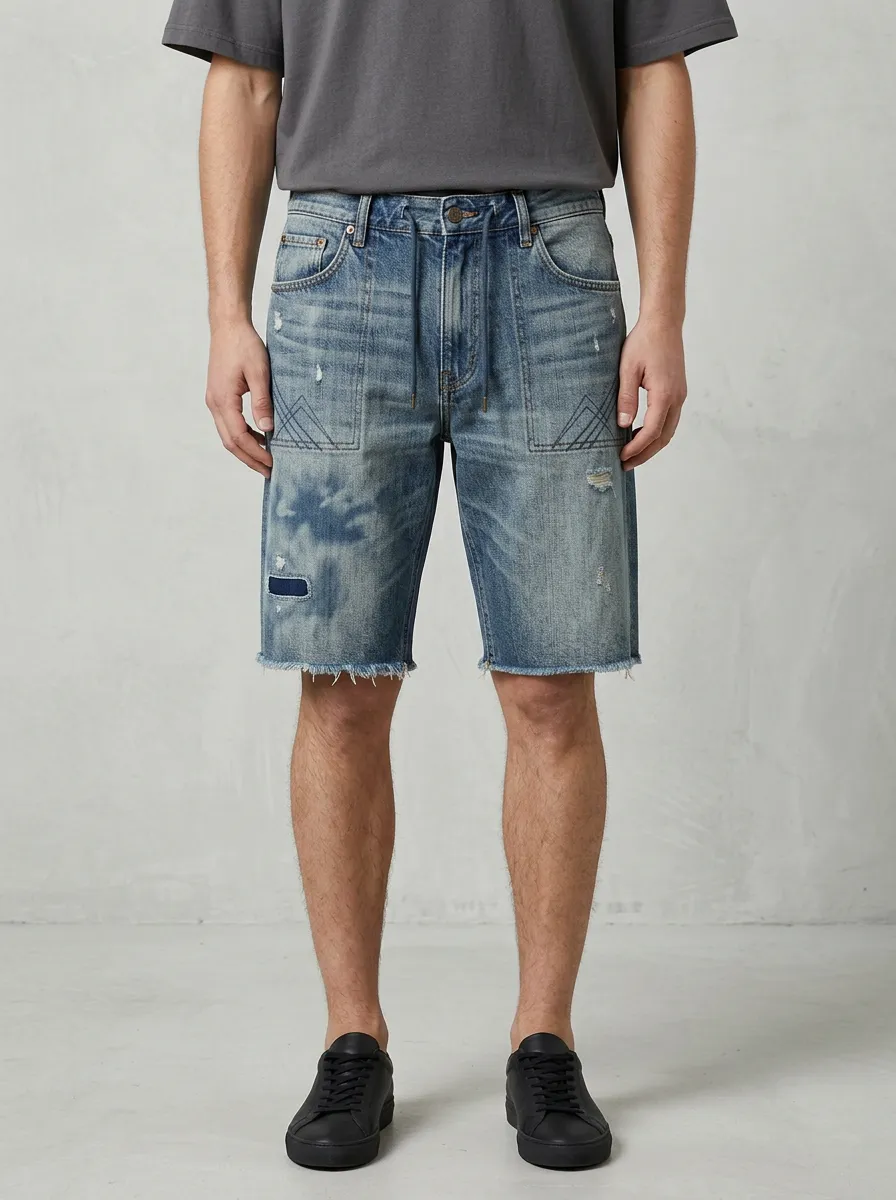 Men's Modern Geometric Distressed Raw Hem Street Inspired Distressed Denim Shorts