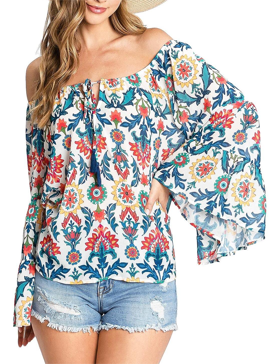 Multicolor Floral Off - Shoulder Bell - Sleeve Blouse