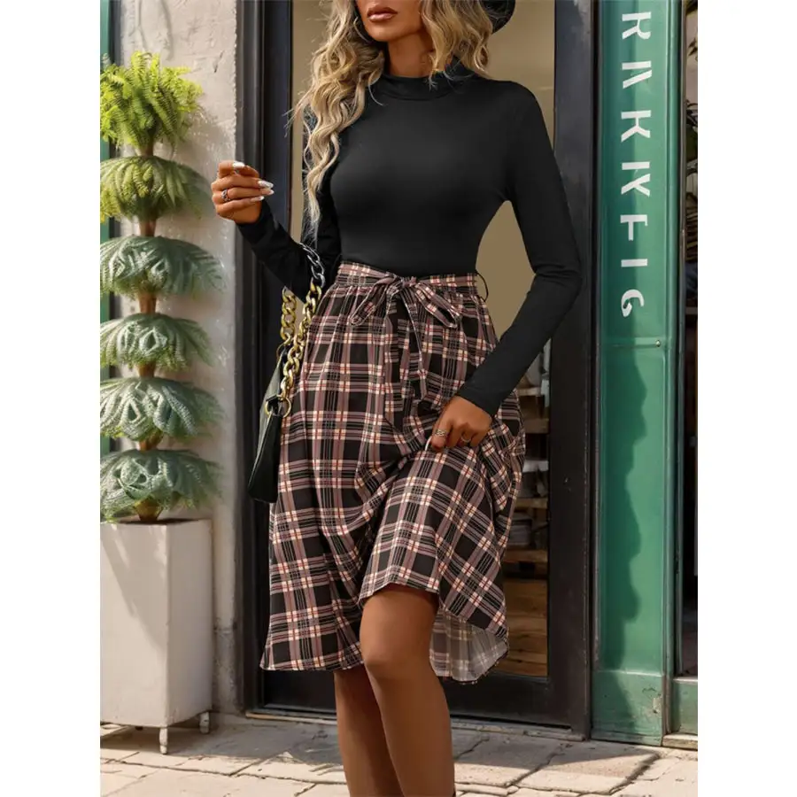 Plaid Mock Neck Long Sleeve Dress