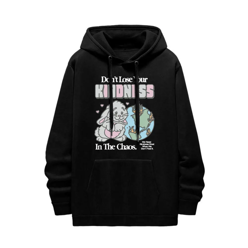 Bunny & Globe Graphic Black Hoodie with Kindness Slogan
