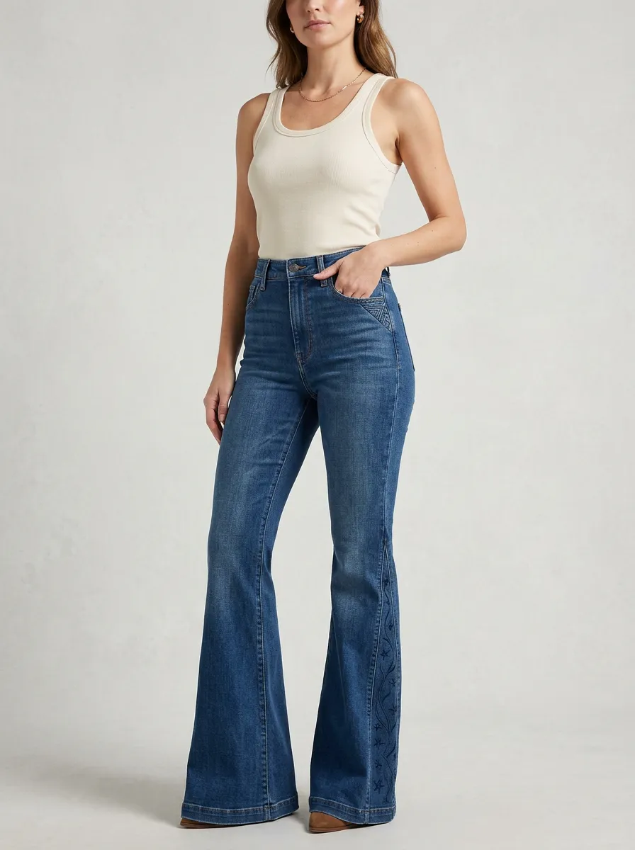 Women's Prairie Inspired Floral Embroidery Floral Embroidered High-Rise Flare Jeans