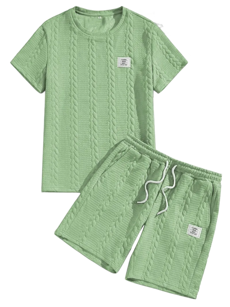 Men's Solid Textured Patched Tee & Drawstring Waist Shorts Set