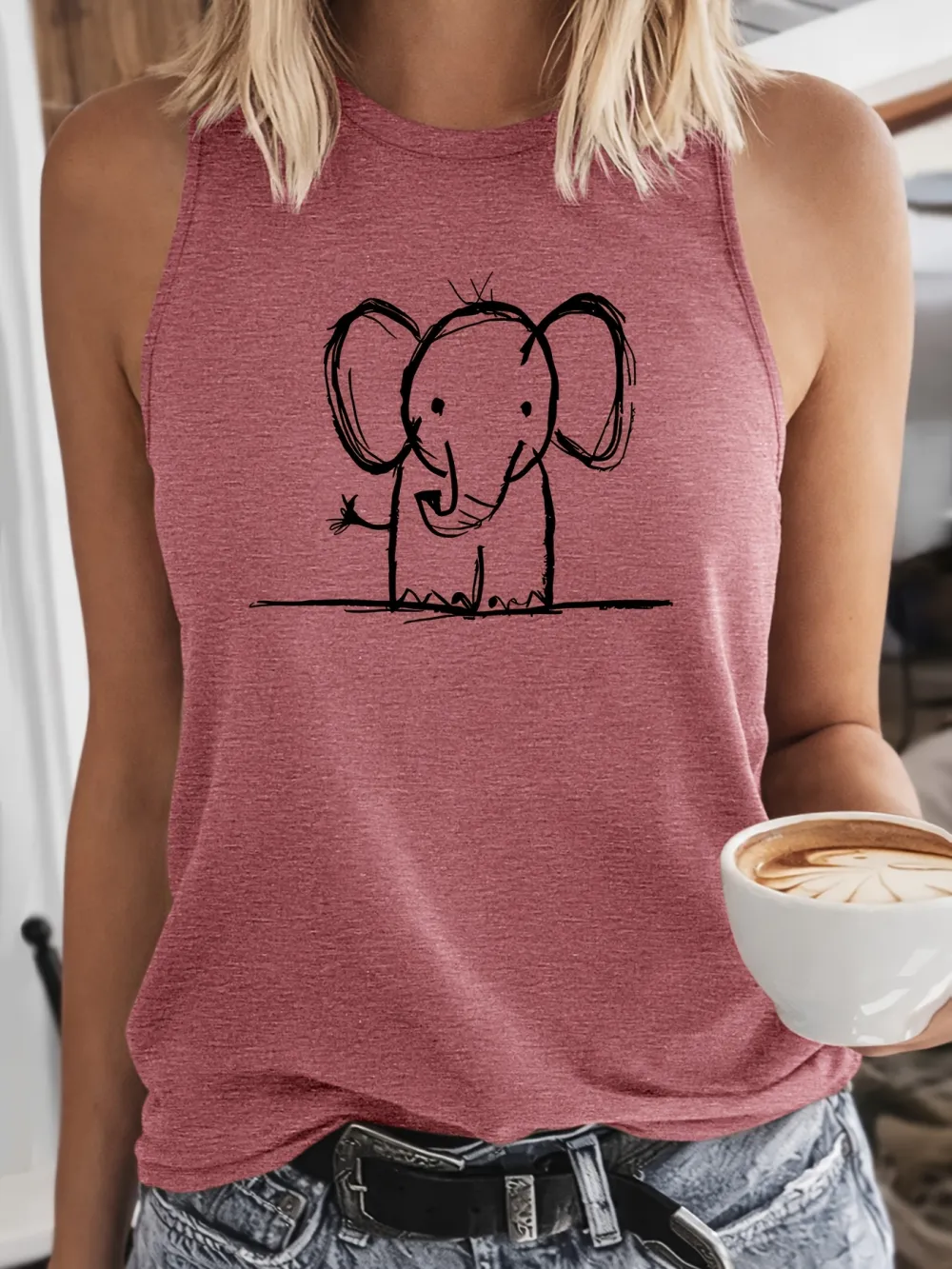 Line Art Elephant Print Tank Top