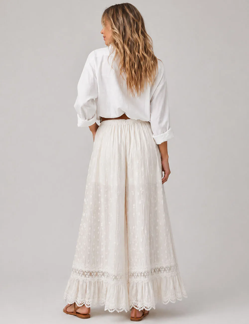 Embroidery Lace Hem Wide Leg Pants
