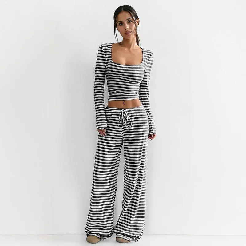 Women's Slouchy Square Neck Stripe Long Sleeve Crop Top & Low-Rise Wide Leg Trousers Co-ord, Minimalist Two Piece Outfits