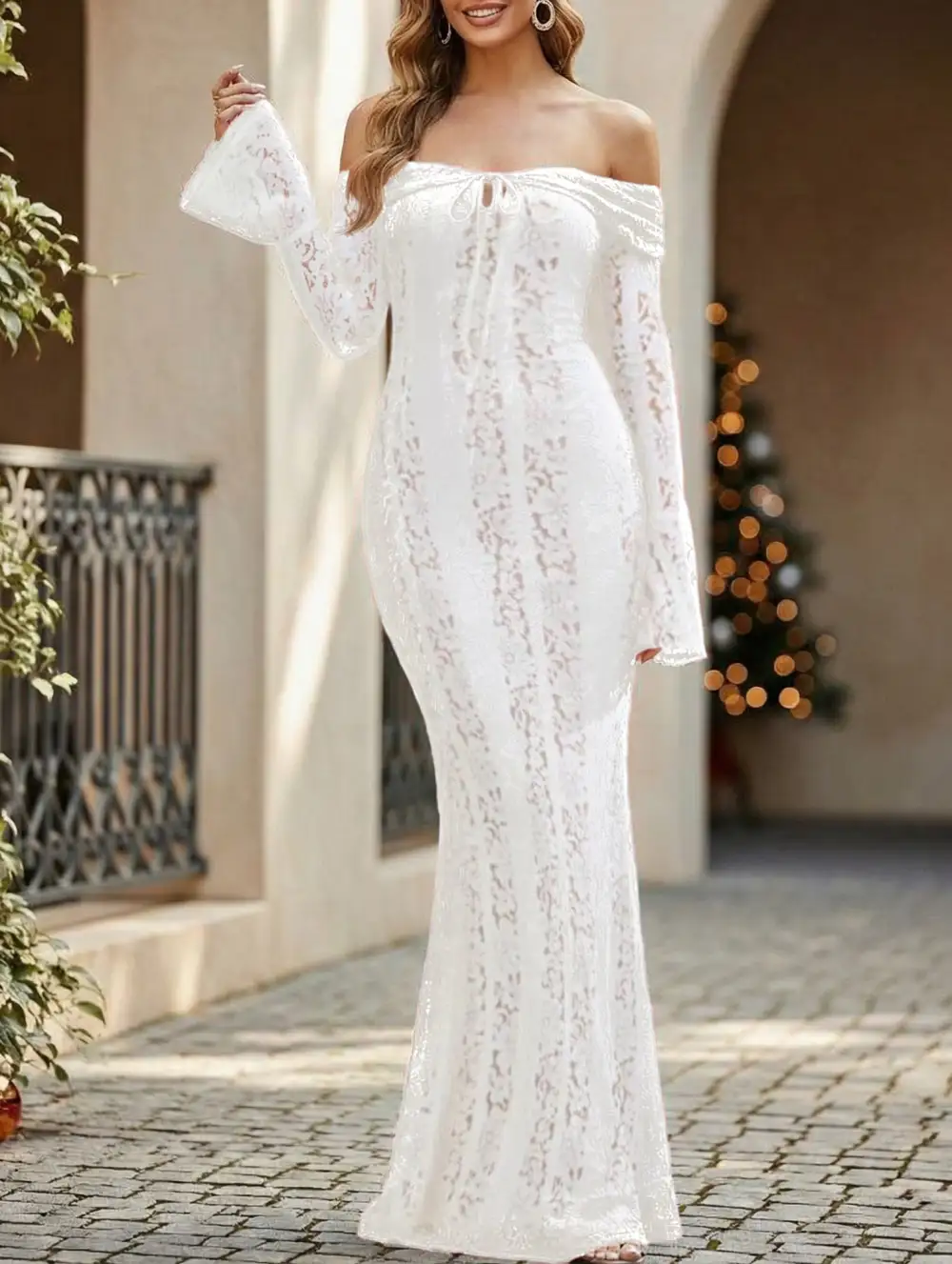 Lace Off Shoulder Bell Sleeve Evening Dress