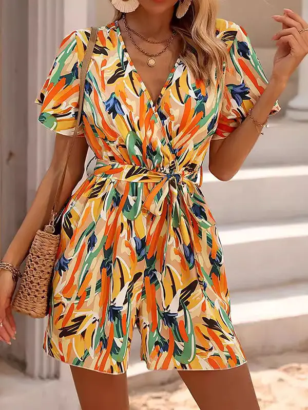 High Waisted Relaxed Printed Tied Waist V Neck Mini Dress