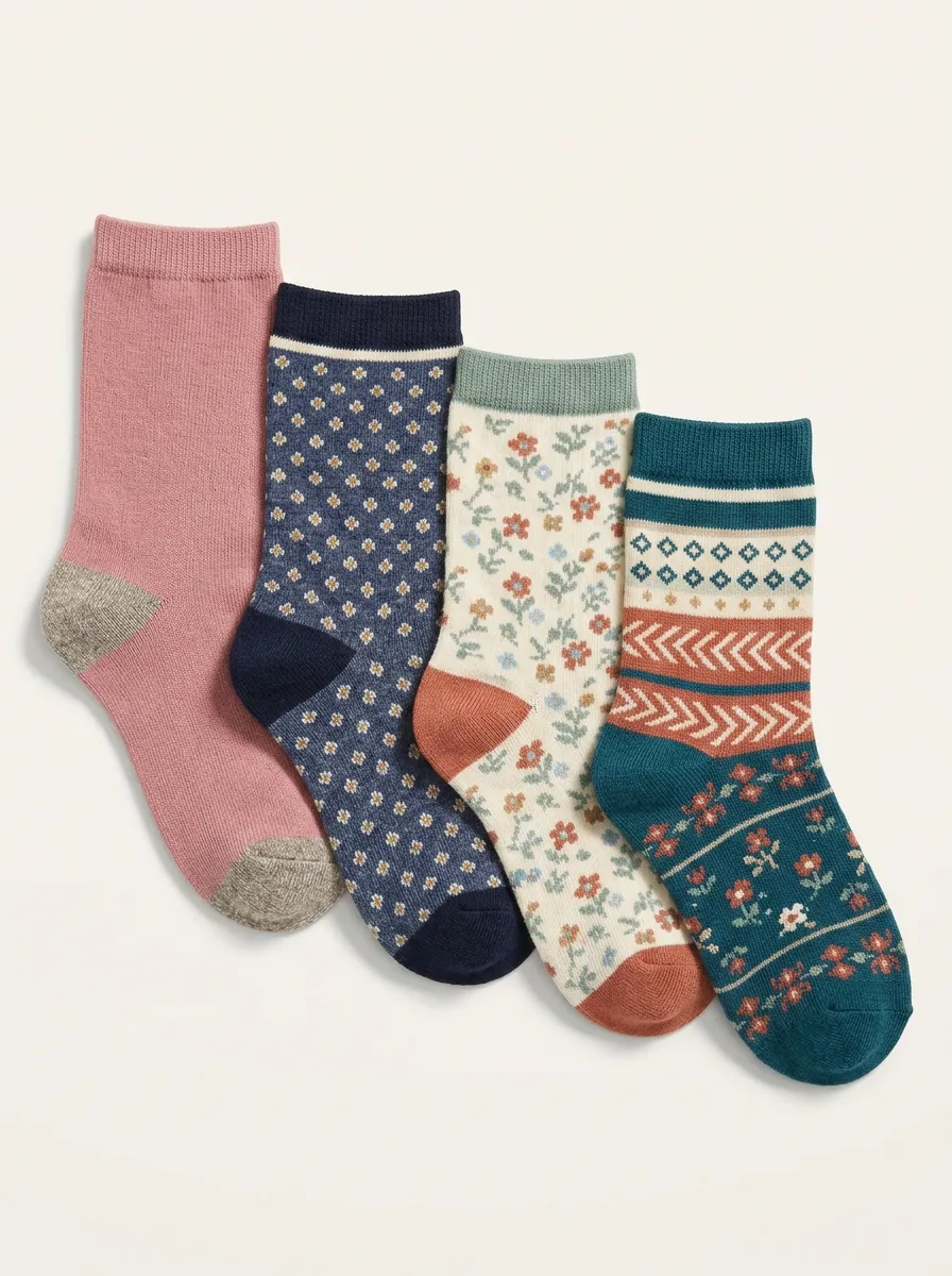 Floral Vintage-Inspired Four-Pair Crew Socks