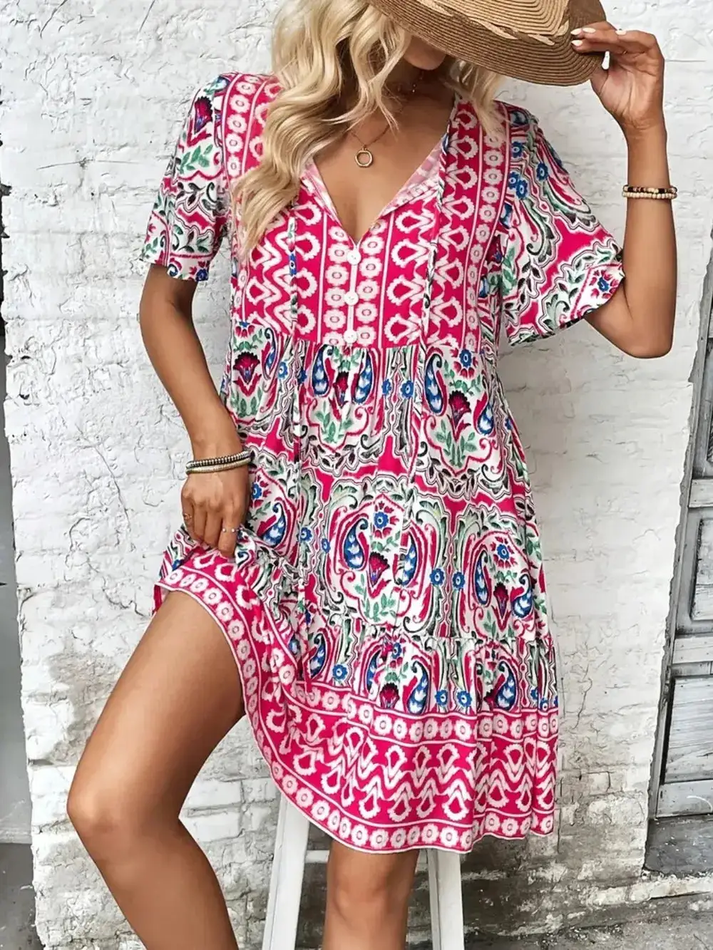 Short Sleeve Printed Midi Dress