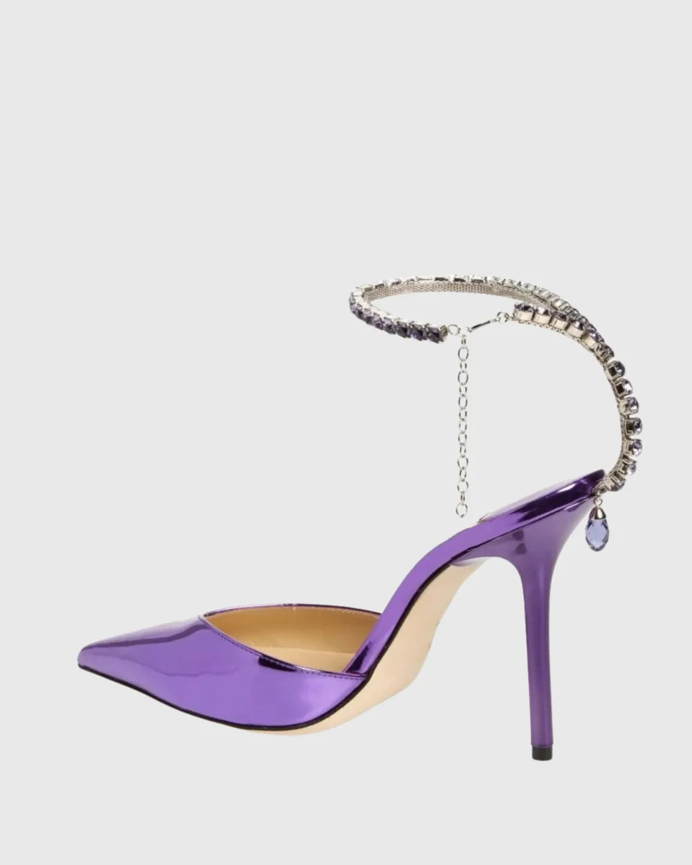 Metallic Rhinestone Strap Pumps in Purple