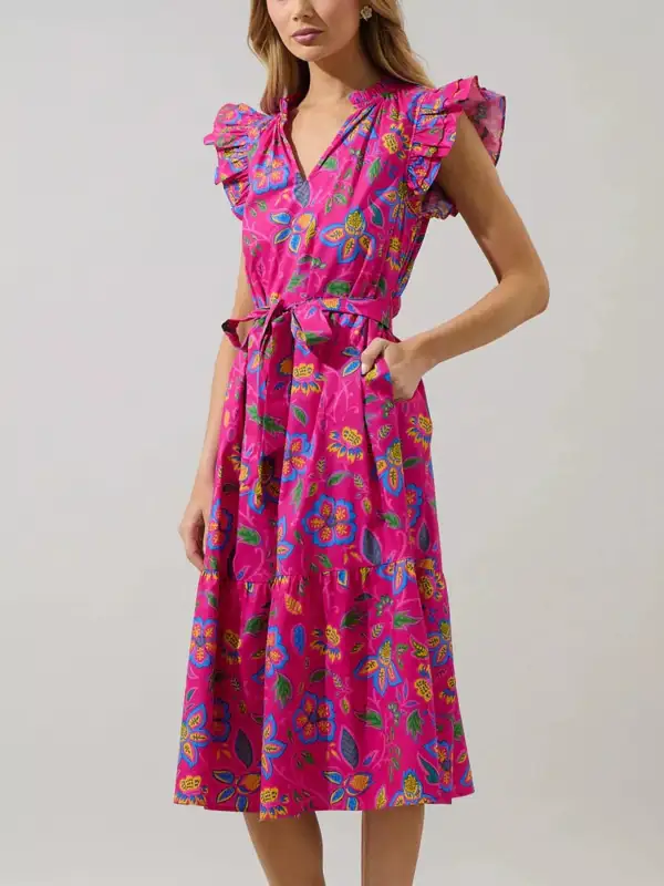 Comfort Fit Floral Tie Waist Flutter Sleeve Dress