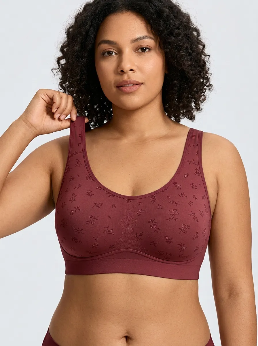 Women's Plus Size Dusty Rose Rose Floral Scoop-Neck Wide-Strap Wireless Bralette