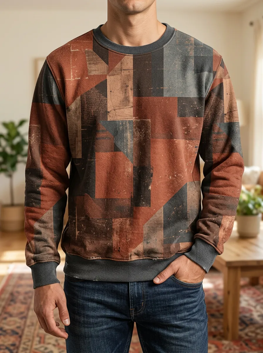 Men's Rust and Geometric Print Crewneck Sweatshirt