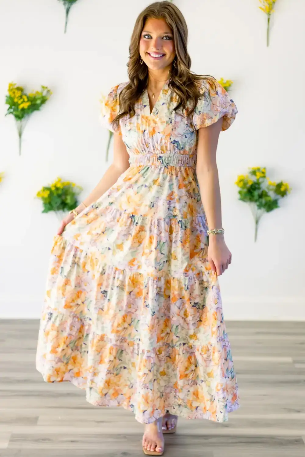 Floral V Neck Flared Maxi Dress