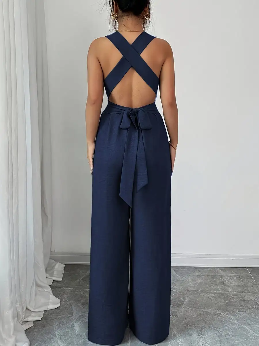 Hoog Getailleerde Mouwloze Rugloze Effen Kleur Gebonden Jumpsuits