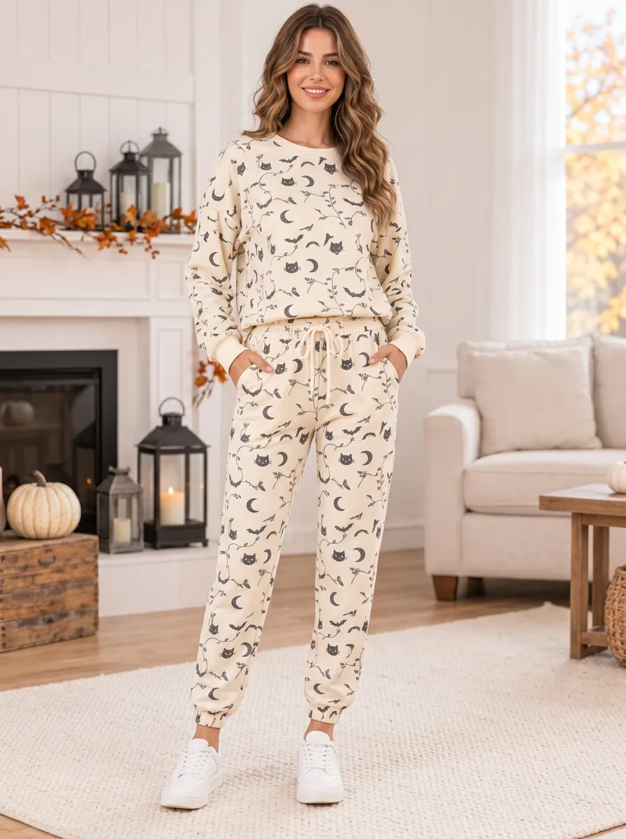 Women's Cat-Moon-Bat Knit-Look Crewneck-Sweatshirt & Joggers Two-Piece Set