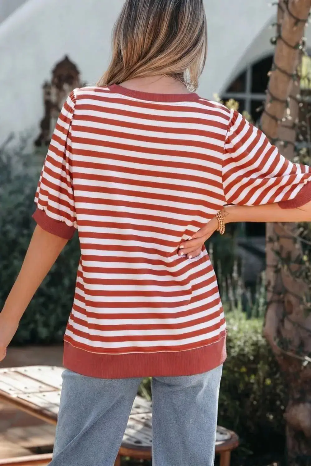 Striped Puff Sleeve Casual T Shirt